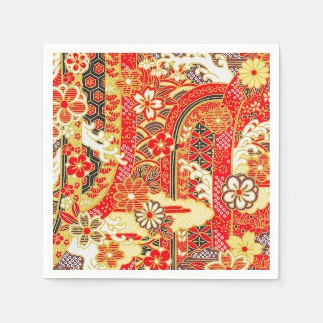 Red Gold Japanese Kimono Floral Decoupage Paper Napkins (Front)