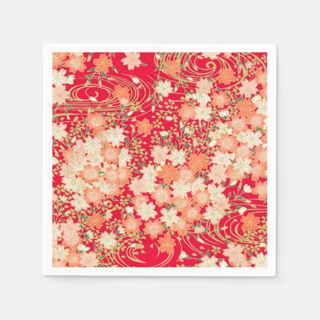 Red Gold Japanese Kimono Floral Decoupage Paper Napkins (Front)