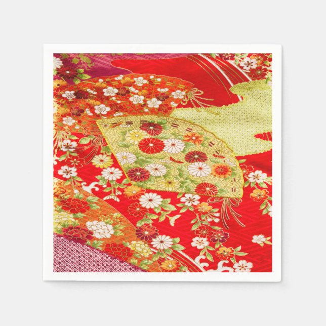 Red Gold Japanese Kimono Floral Decoupage Paper Napkins (Front)