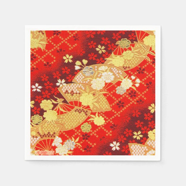 Red Gold Japanese Kimono Floral Decoupage Paper Napkins (Front)