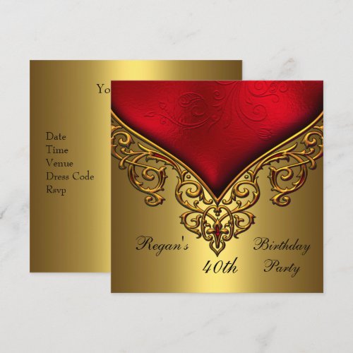 Red Gold Jewel 40th Elegant Birthday Party Personalized Invites