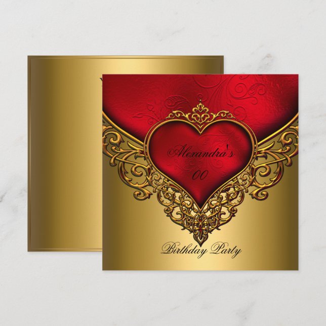 Red Gold Jewel 40th Elegant Birthday Party Invitation (Front/Back)