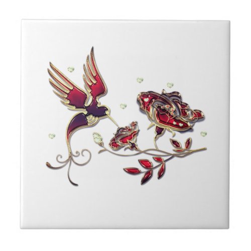 Red Gold Jewel with Bird and Rose Ceramic Tile