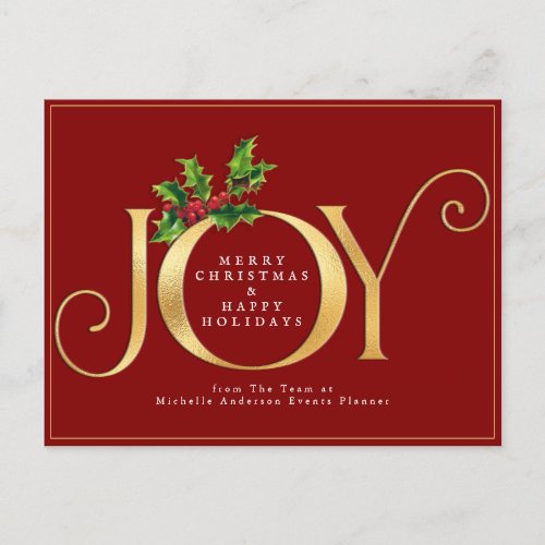 Red Gold Joy Text Professional Business Christmas Holiday Postcard
