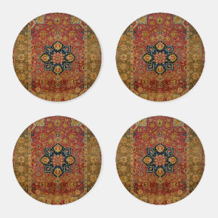 Red Gold Kashan Carpet Rug Persian Asian Coaster Set