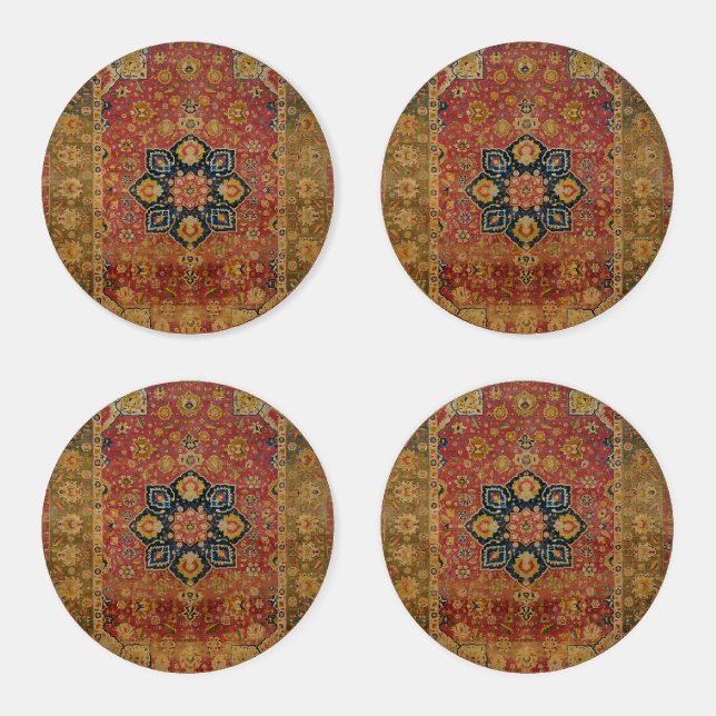 Red Gold Kashan Carpet Rug Persian Asian Coaster Set (Set)