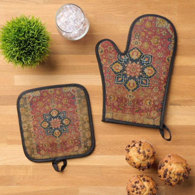 Red Gold Kashan Carpet Rug Persian Asian Oven Mitt & Pot Holder Set (Top Down)
