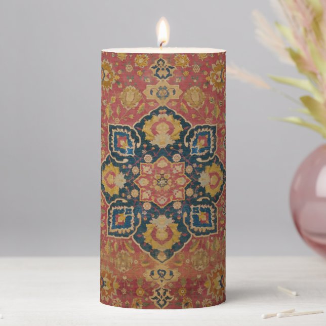 Red Gold Kashan Carpet Rug Persian Asian Pillar Candle (In Situ)