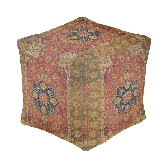 Red Gold Kashan Carpet Rug Persian Asian Pouf (Angled Back)