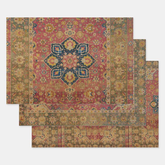 Red Gold Kashan Carpet Rug Persian Asian Wrapping Paper Sheets (Set)
