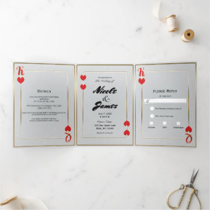 Red Gold King & Queen of Hearts Casino Wedding Tr Tri-Fold Invitation