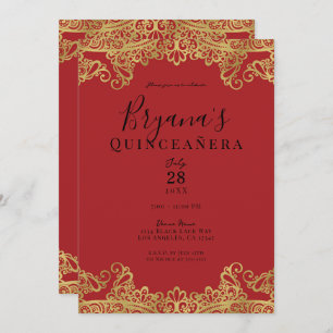 Red & Gold Lace Elegant Quinceañera Party Invitation