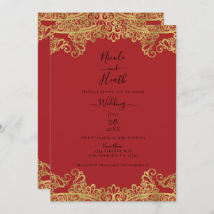 Red & Gold Lace Elegant Wedding Invitation