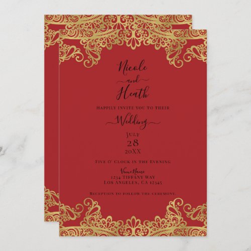 Red  Gold Lace Elegant Wedding   Invitation