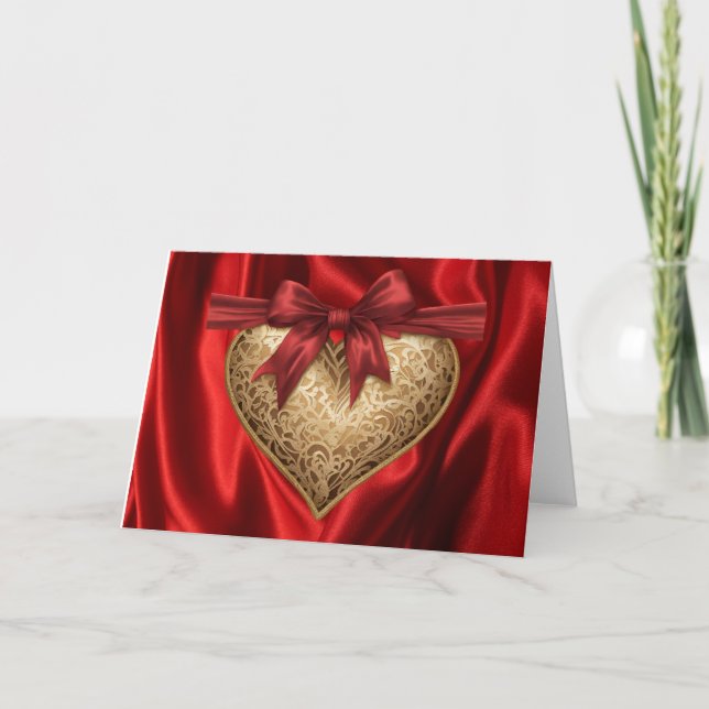 Red Gold Lace Heart Valentine's Day Heart Card (Front)