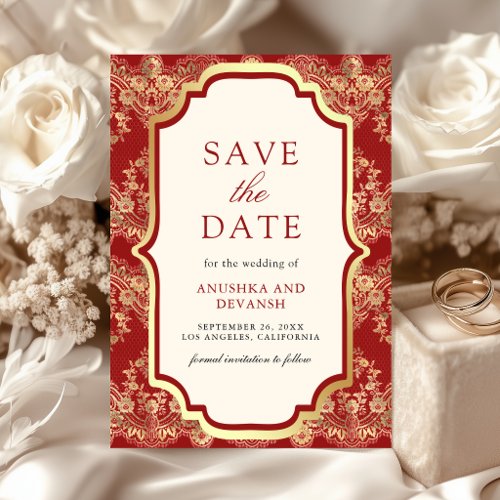 Red Gold Lace Indian Wedding Save The Date