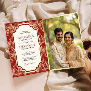 Red Gold Lace QR Code Photo Indian Wedding Invitation