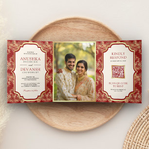 Red Gold Lace QR Code Photo Indian Wedding Tri-Fold Invitation