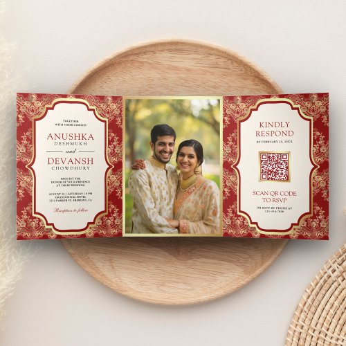 Red Gold Lace QR Code Photo Indian Wedding Tri_Fold Invitation