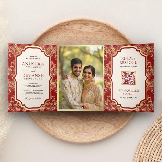 Red Gold Lace QR Code Photo Indian Wedding Tri-Fold Invitation (Creator Uploaded)