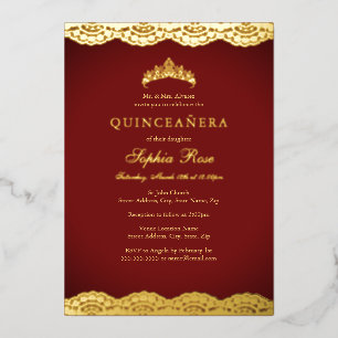 Red Gold Lace Tiara Quinceanera Foil Invitation