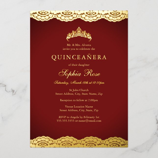 Red Gold Lace Tiara Quinceanera Foil Invitation (Front)