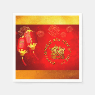 Red Gold Lanterns Chinese Ox paper-cut 2021 PN Napkins