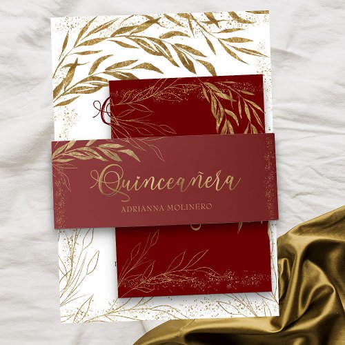 Red Gold Leaf and Confetti Quinceanera Invitation Belly Band
