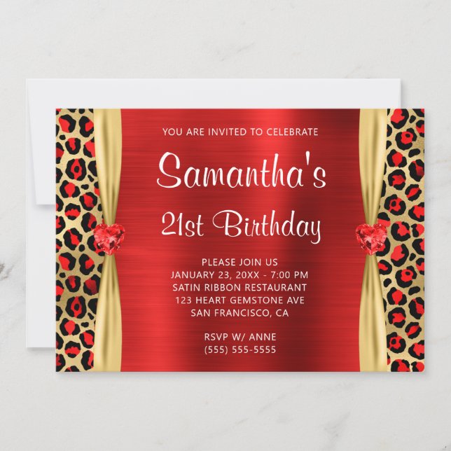 Red Gold Leopard Foil Gem Heart 21st Birthday Invitation (Front)