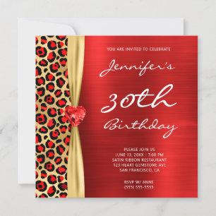 Red Gold Leopard Foil Gem Ribbon 30th Birthday Invitation