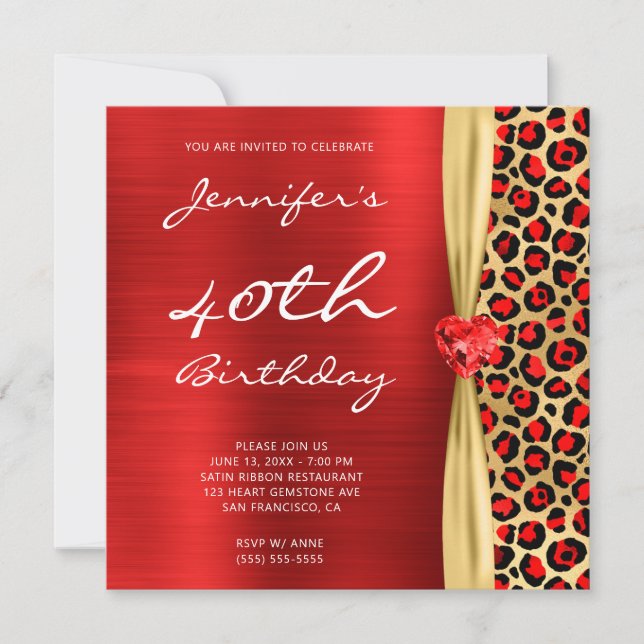 Red Gold Leopard Foil Gem Ribbon 40th Birthday Invitation (Front)