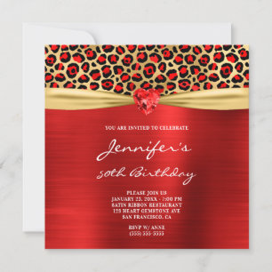 Red Gold Leopard Foil Gemstone Heart 50th Birthday Invitation