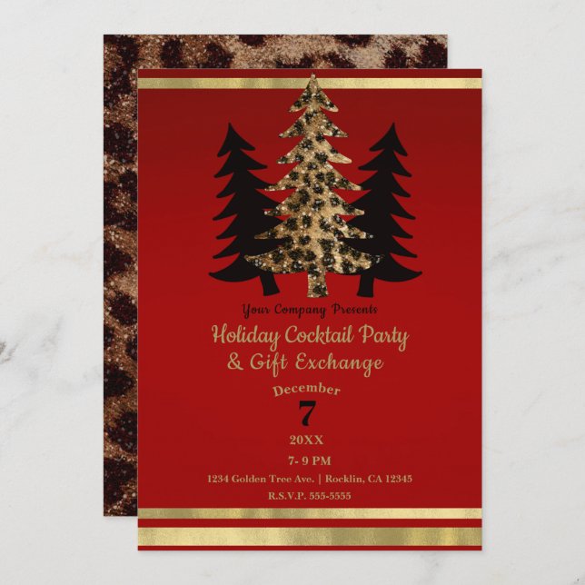 Red Gold Leopard Glam Christmas Tree Party Invitation (Front/Back)