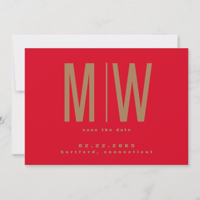 Red & Gold Lg. Monogram Wedding Save the Date (Front)