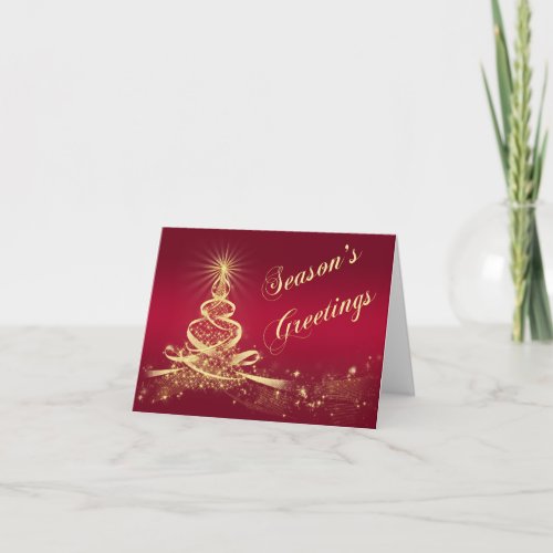 Red Gold Lighted Tree Corporate Seasons Greetings Holiday Card