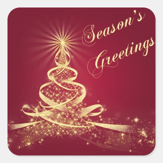 Red, Gold  Lighted Tree Season's Greetings Sticker (Front)