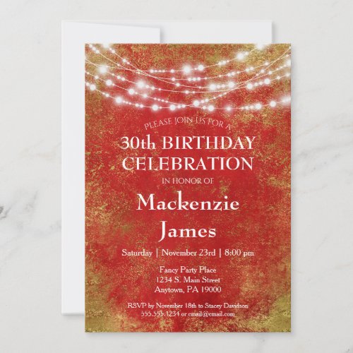 Red Gold Lights Birthday Party Invitation Adult