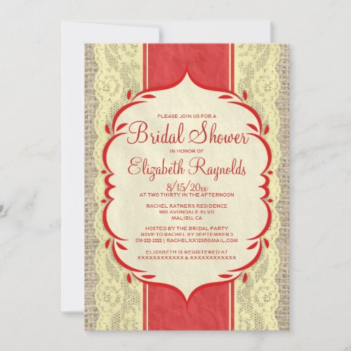 Red Gold Linen Burlap Lace Bridal Shower Invites