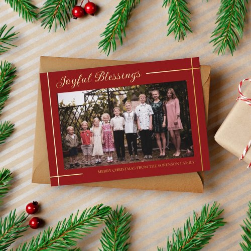 Red Gold Lines Joyful Blessings Photo Christmas Foil Holiday Card