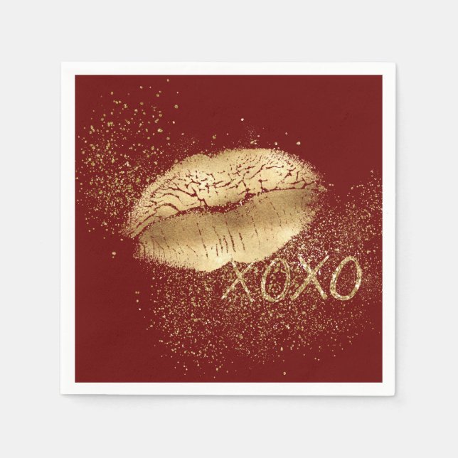 Red Gold Lips Kiss Gold Glitter XOXO Napkins (Front)