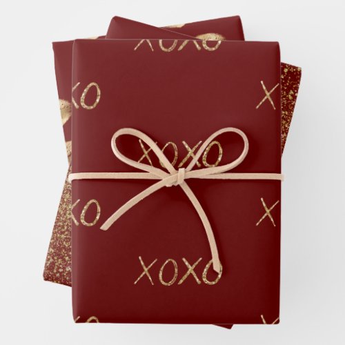 Red Gold Lips Kiss Gold Glitter XOXO Wrapping Paper Sheets