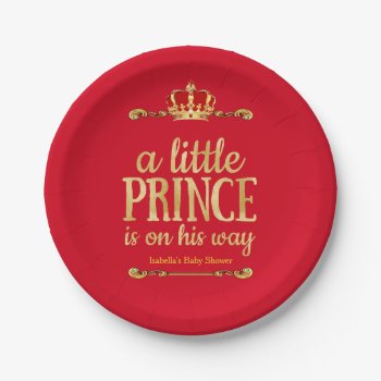 Red Gold Little Prince On His Way Baby Shower Paper Plates by VintageBabyShop at Zazzle