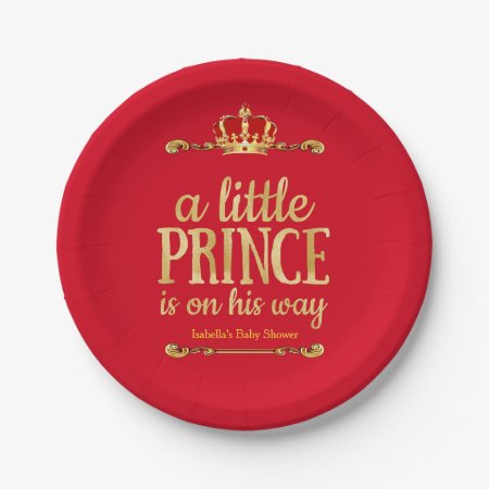Red Gold Little Prince On His Way Baby Shower Paper Plates