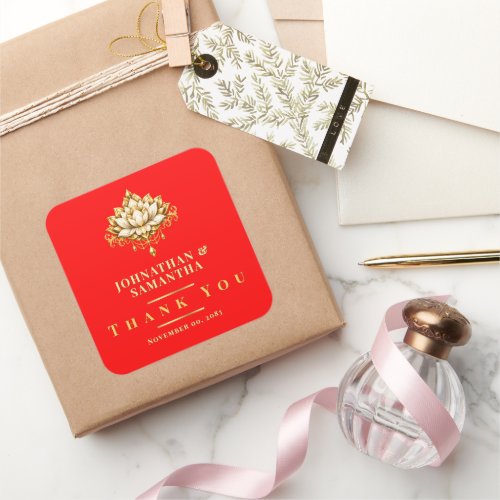 Red Gold Lotus Floral Indian Thank You Square Sticker