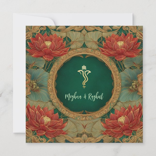 Red Gold Lotus Green Indian Ganesh Wedding Invitation (Front)