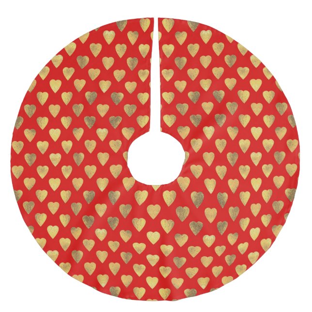 Red Gold Love Heart Holiday Pattern Tree Skirt  (Front)