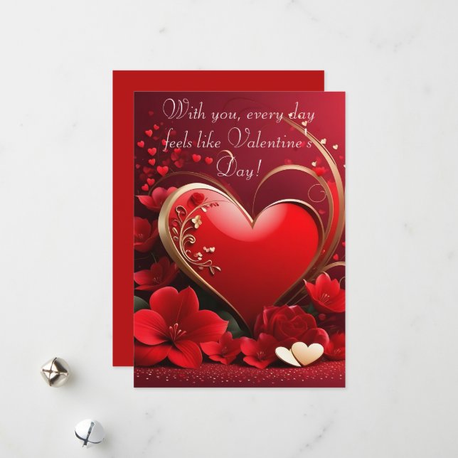 Red-Gold Love Heart Valentines Holiday Card (Front/Back In Situ)
