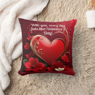 Red-Gold Love Heart Valentines Throw Pillow
