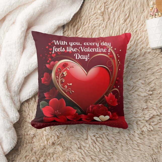 Red-Gold Love Heart Valentines Throw Pillow (Blanket)