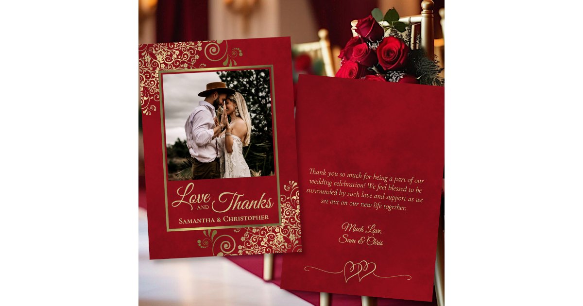 Red & Gold Love & Thanks Photo & Note Wedding Thank You Card | Zazzle